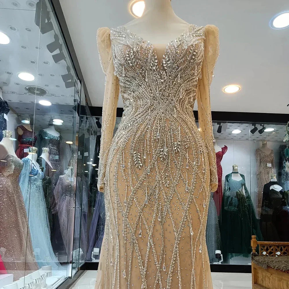 Luxury Dubai Elegant Mermaid Evening Gown Nude Beaded for Formal Occasion Saudi Arabic LA72827