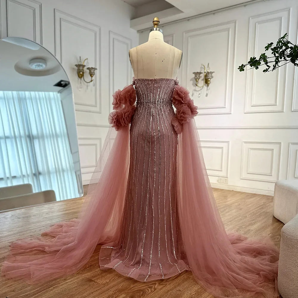 Luxury Pink Beaded Mermaid Arabic Evening Dress with Cape LA73019