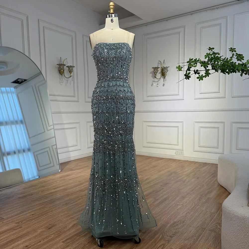 Luxury Turquoise Beaded Evening Dress with Detachable Cape LA72714B