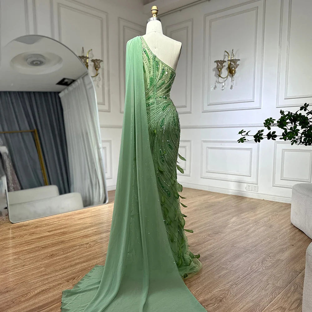 Green One-Shoulder Beaded Feathers Evening Gown with Side Cape Shawl LA72698