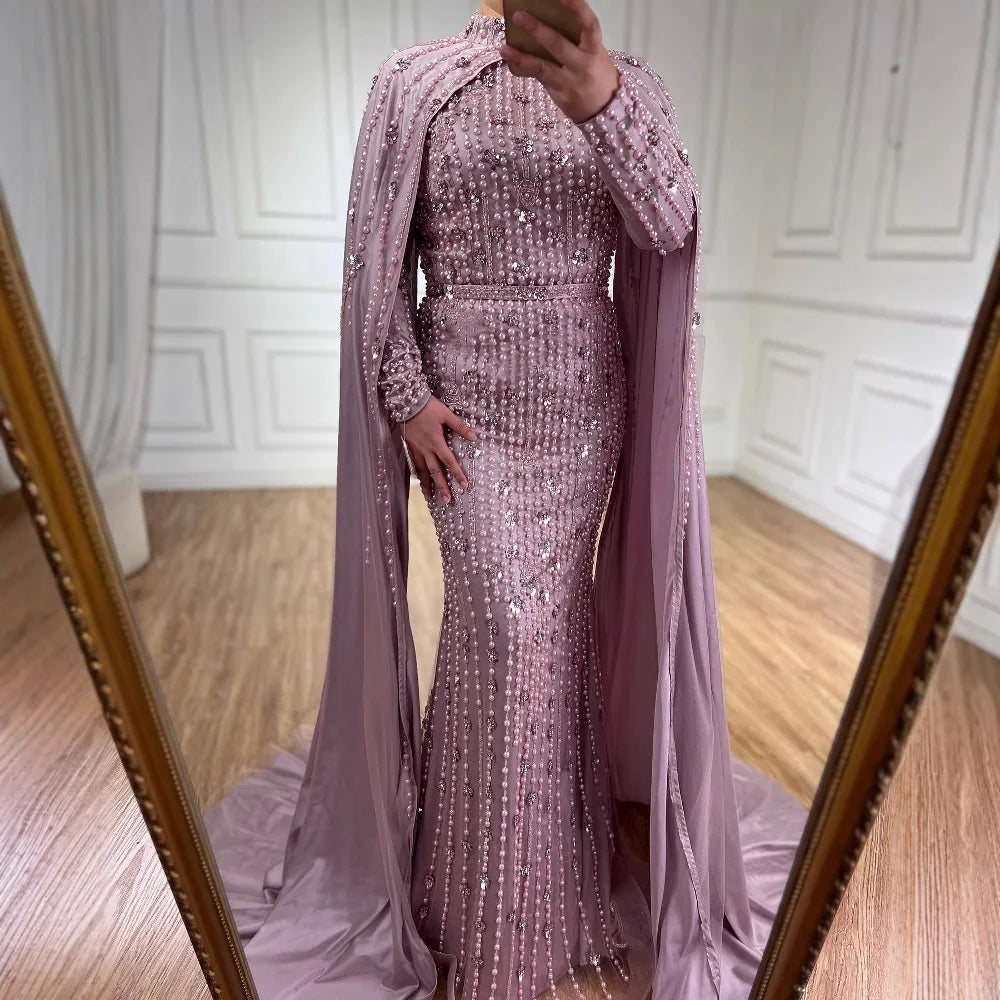 Modest Blue Muslim Beaded Evening Gown with Cape Sleeves LA72533