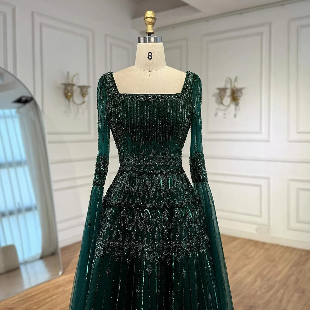 Luxury Green A-LineBeaded Evening Dress with Cape Sleeves LA73089