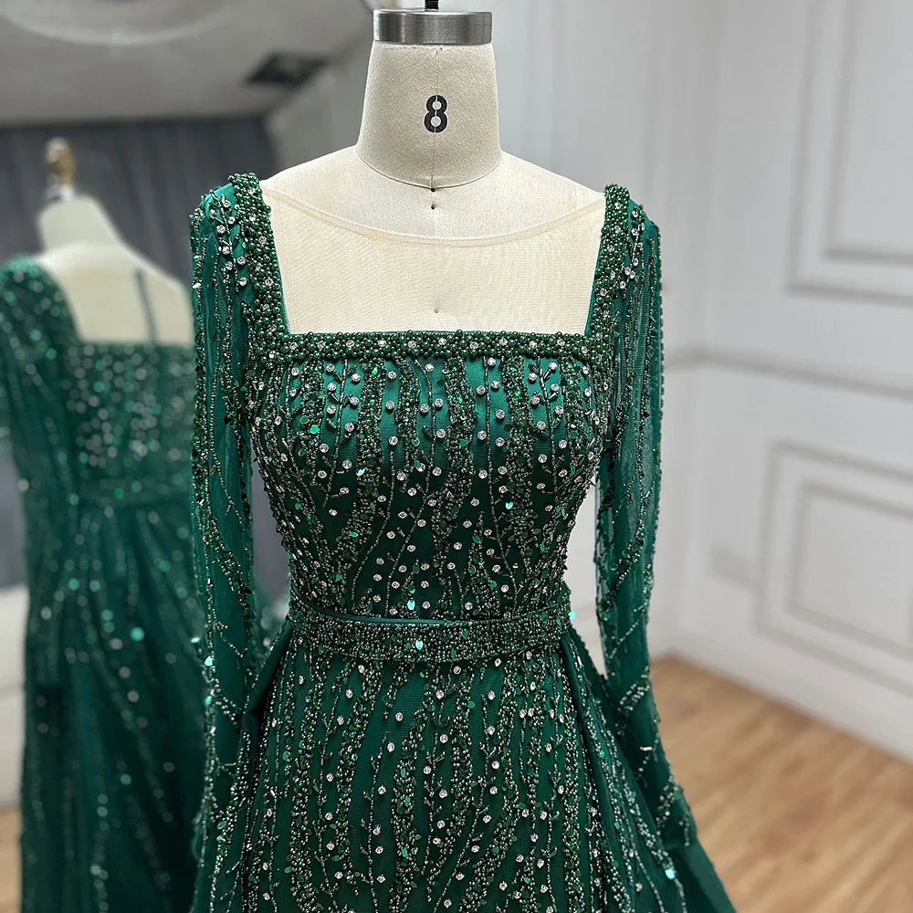 Modest Green Mermaid Evening Dress with Overskirt LA72710