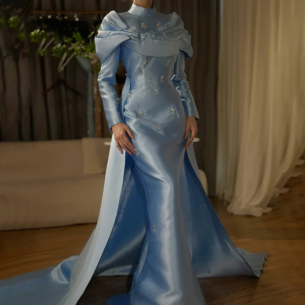 Modest Blue Satin Beaded Mermaid Evening Dress with Overskirt LA72414M