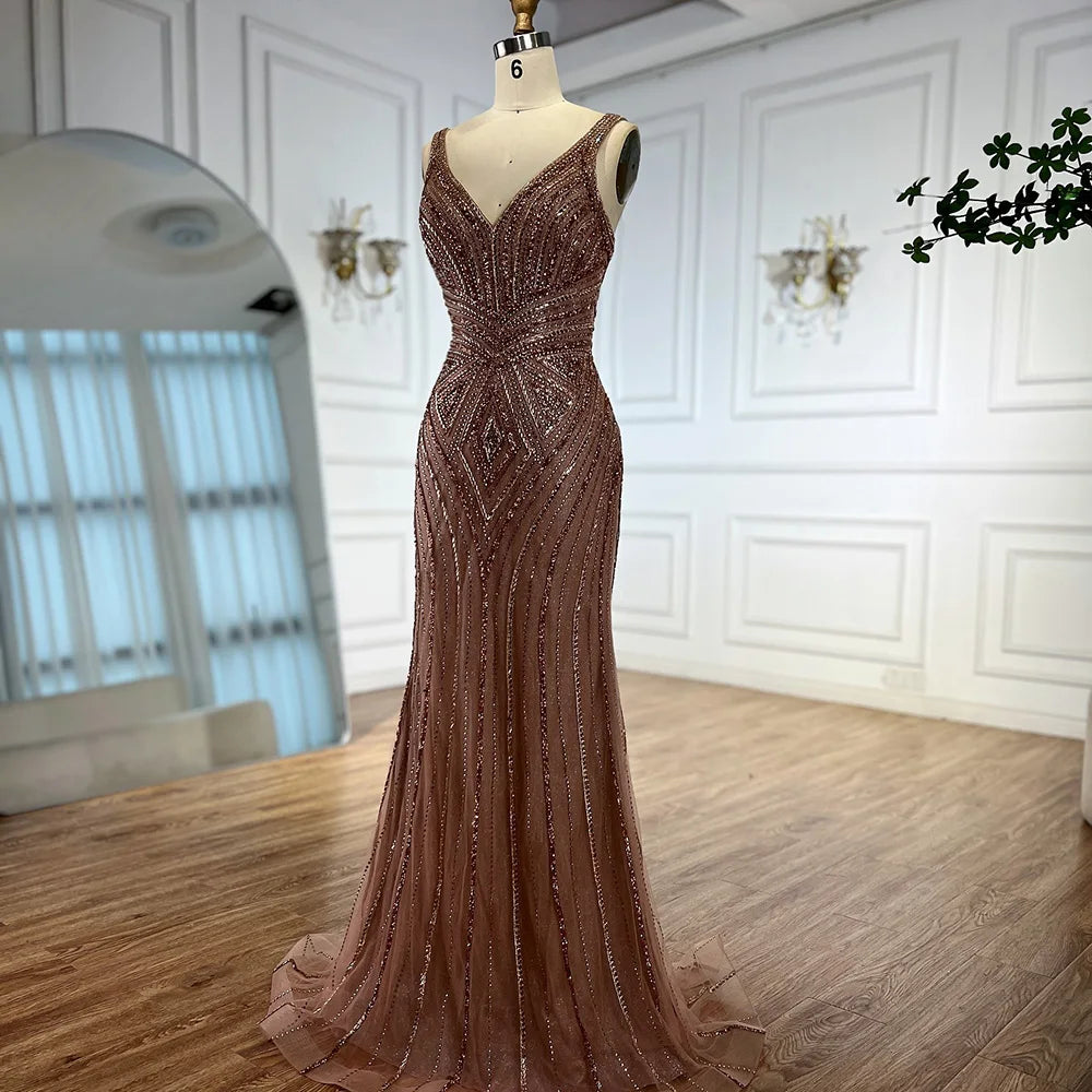 V Neck Beaded Sleeveless Mermaid Evening Dress LA73013