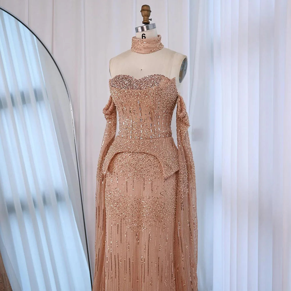 Luxury Gray Beaded Off-Shoulder Evening Dress with Cape Sleeves LA73076