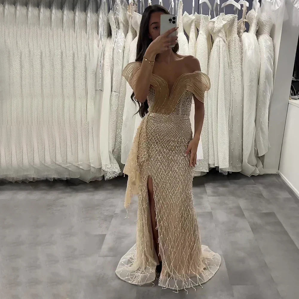 Luxury Blue Beaded Off-Shoulder Mermaid Evening Gown LA72867