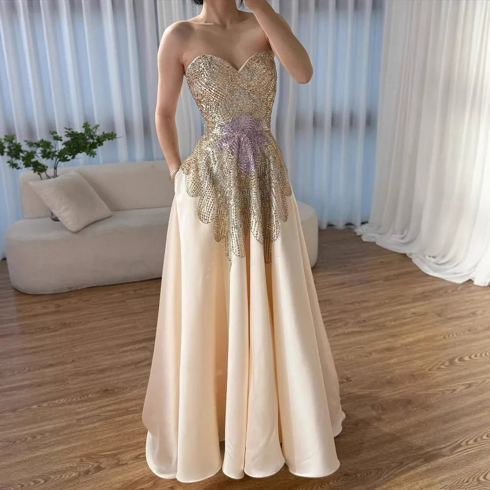 Luxury Pink Satin A-Line Beaded Evening Dress LA72195A