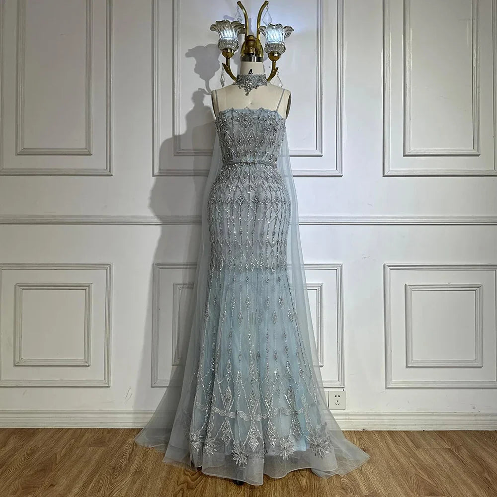 Luxury Nude Beaded Mermaid Evening Dress with Cape LA72711