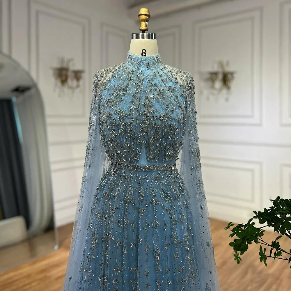 Luxury Blue Beaded A-Line Evening Gown with Cape Sleeves LA71803G