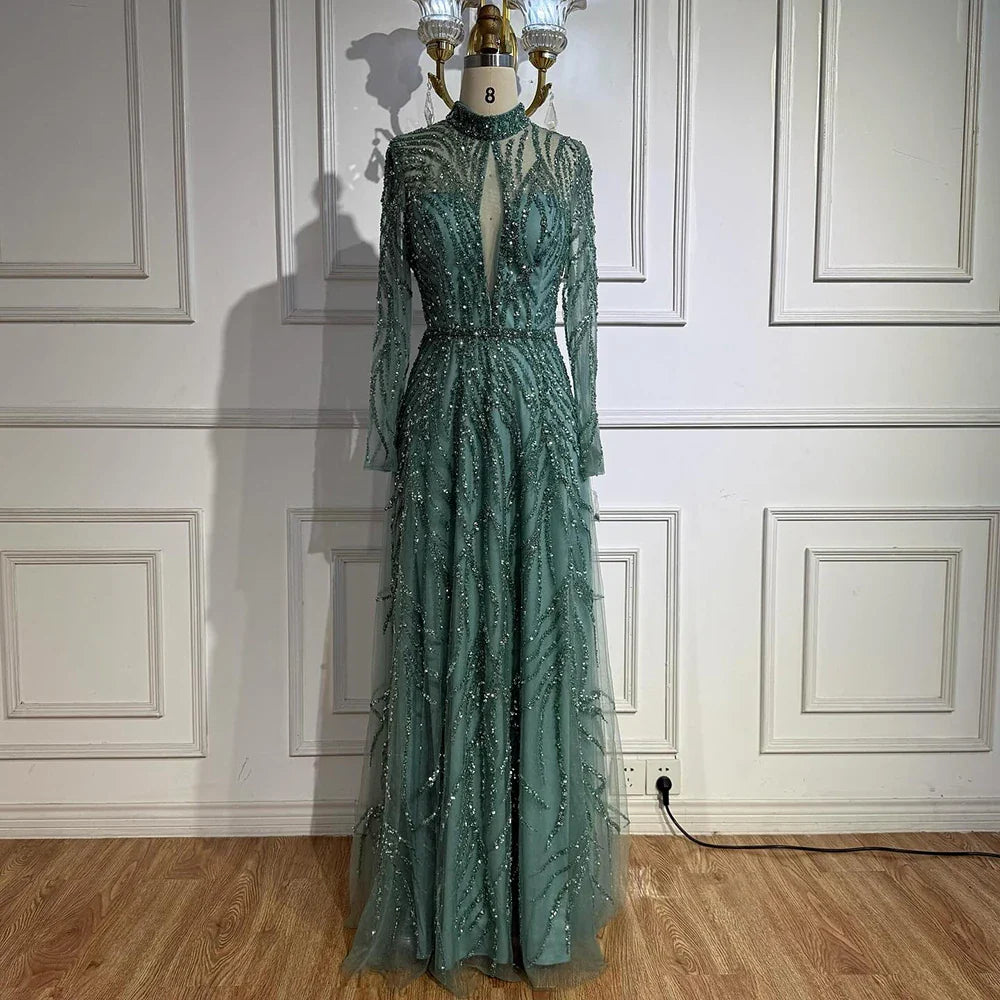 Elegant High Neck A-Line Beaded Evening Dress LA71682A