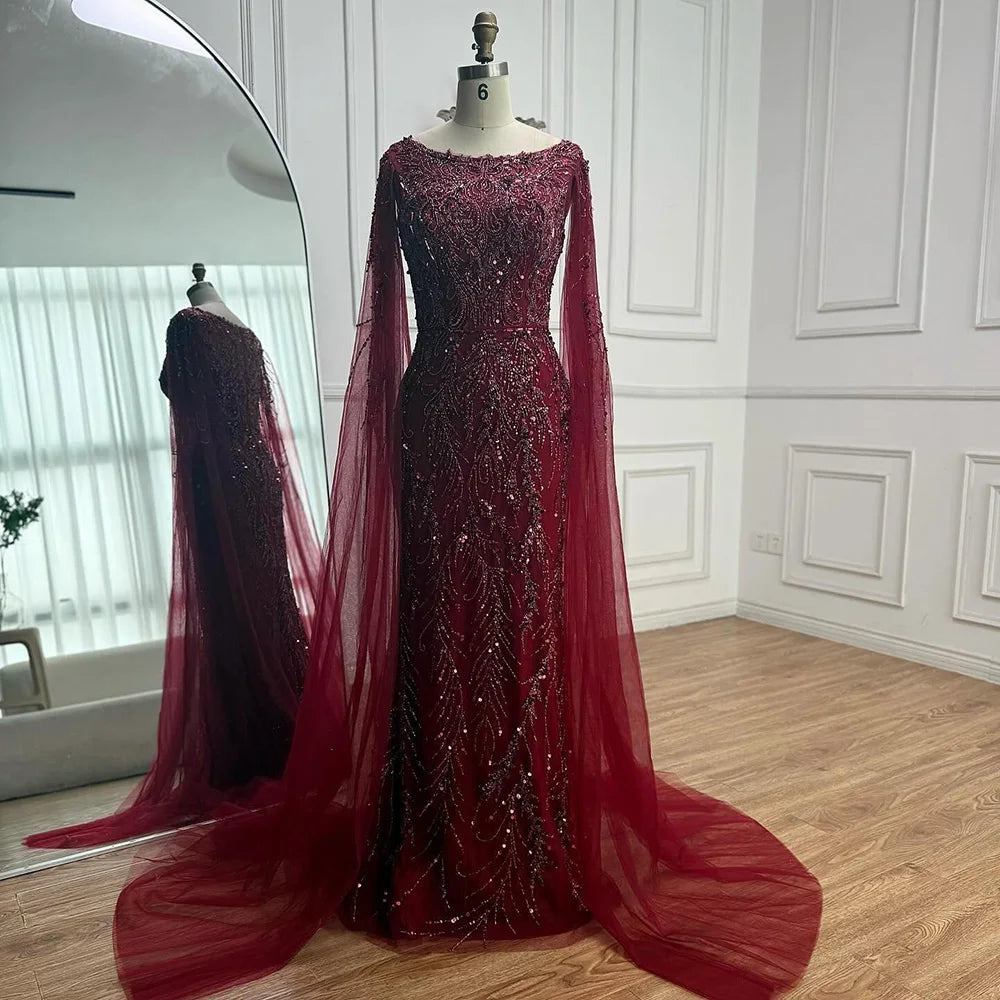 Luxury Caramel Beaded Evening Dress with Cape Sleeves LA73078