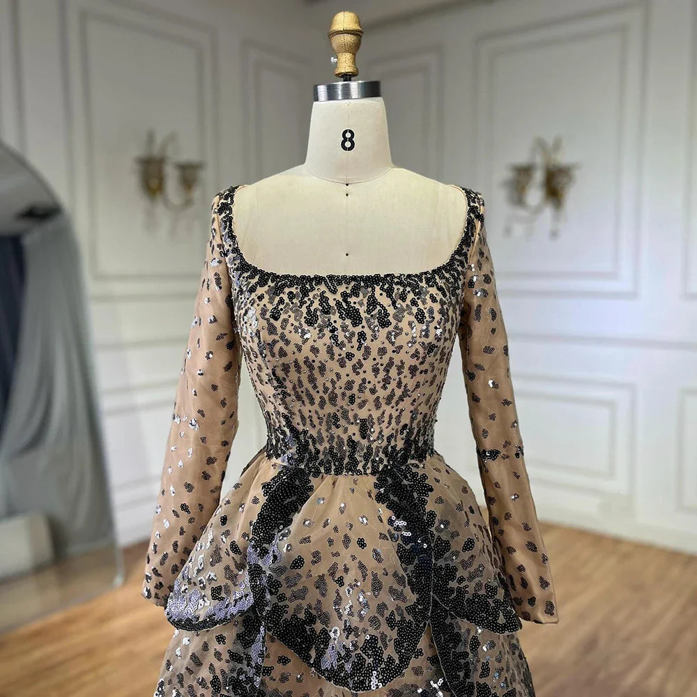 Luxury Black Nude Sequin Evening Dress with Long Sleeves LA72505B