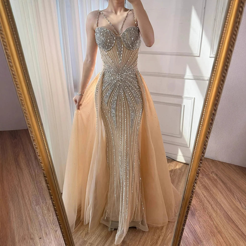 Luxury Nude Spaghetti Strap Mermaid Evening Dress with Overskirt Beaded LA73090