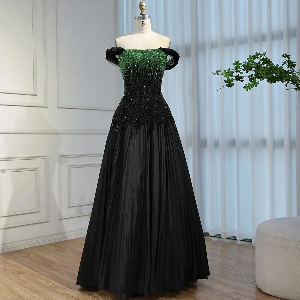 Luxury Beaded Black Green Off Shoulder Dubai Evening Dress for Party LA72406