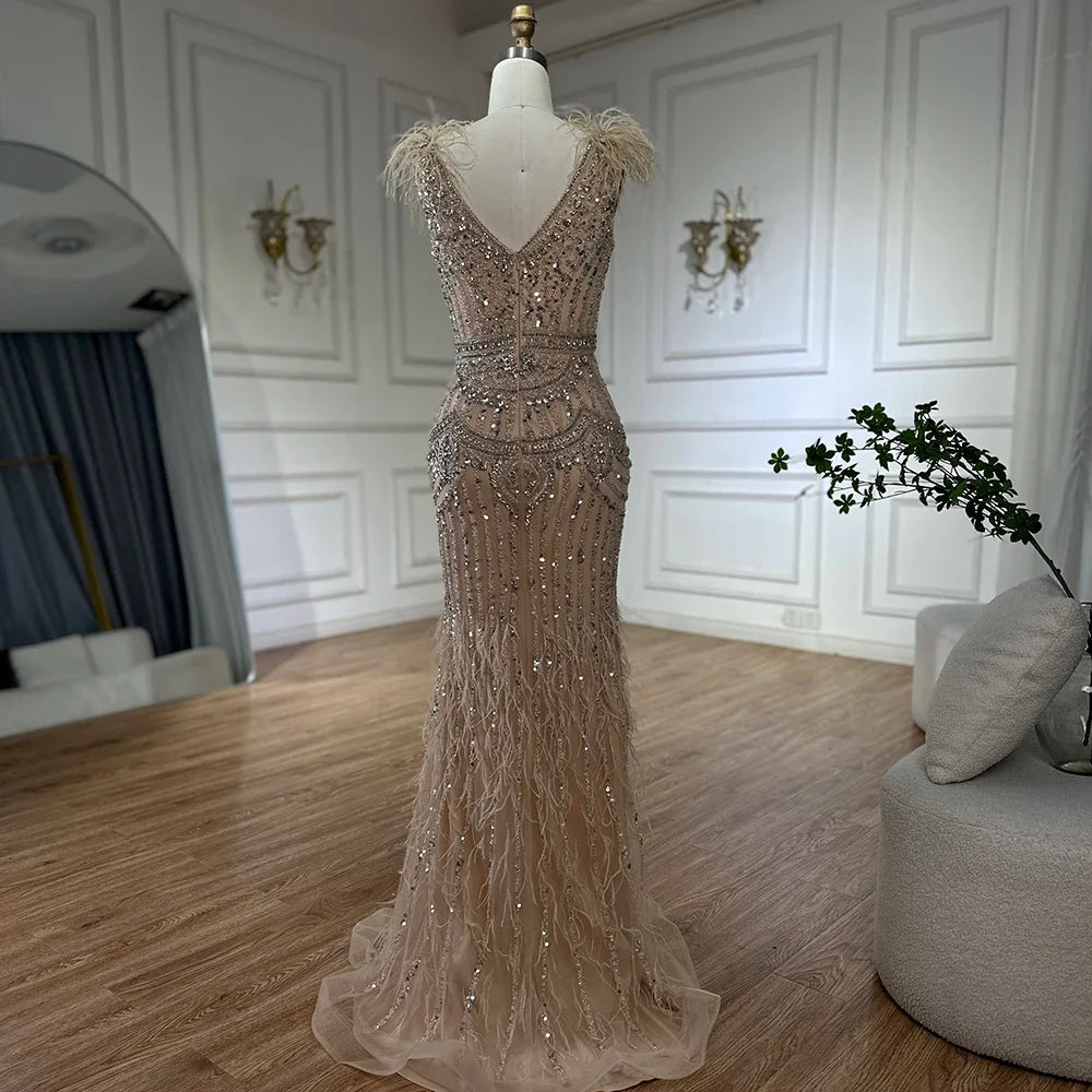 Luxury Dubai Arabic Blue Elegant Split Mermaid Beaded Feathers Long Evening Dresses Gowns for Formal Occasion LA72742