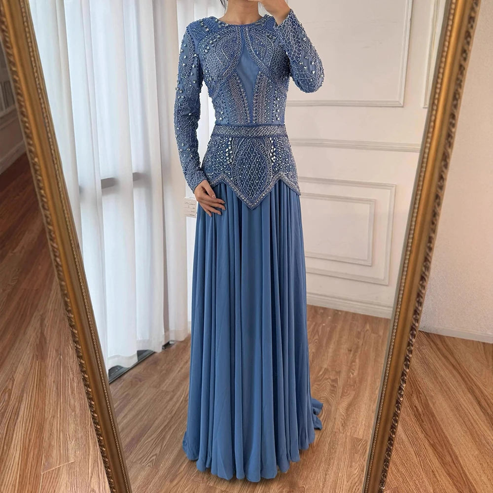 Luxury Designer Blue Beaded Evening Dress with Long Sleeves LA72962