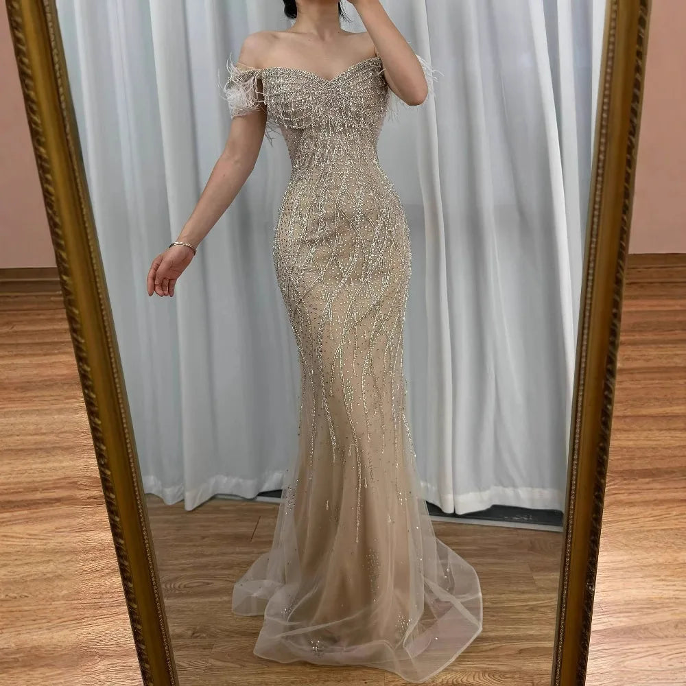 Luxury Nude Beaded Feather Mermaid Evening Dress Dubai Style LA72818