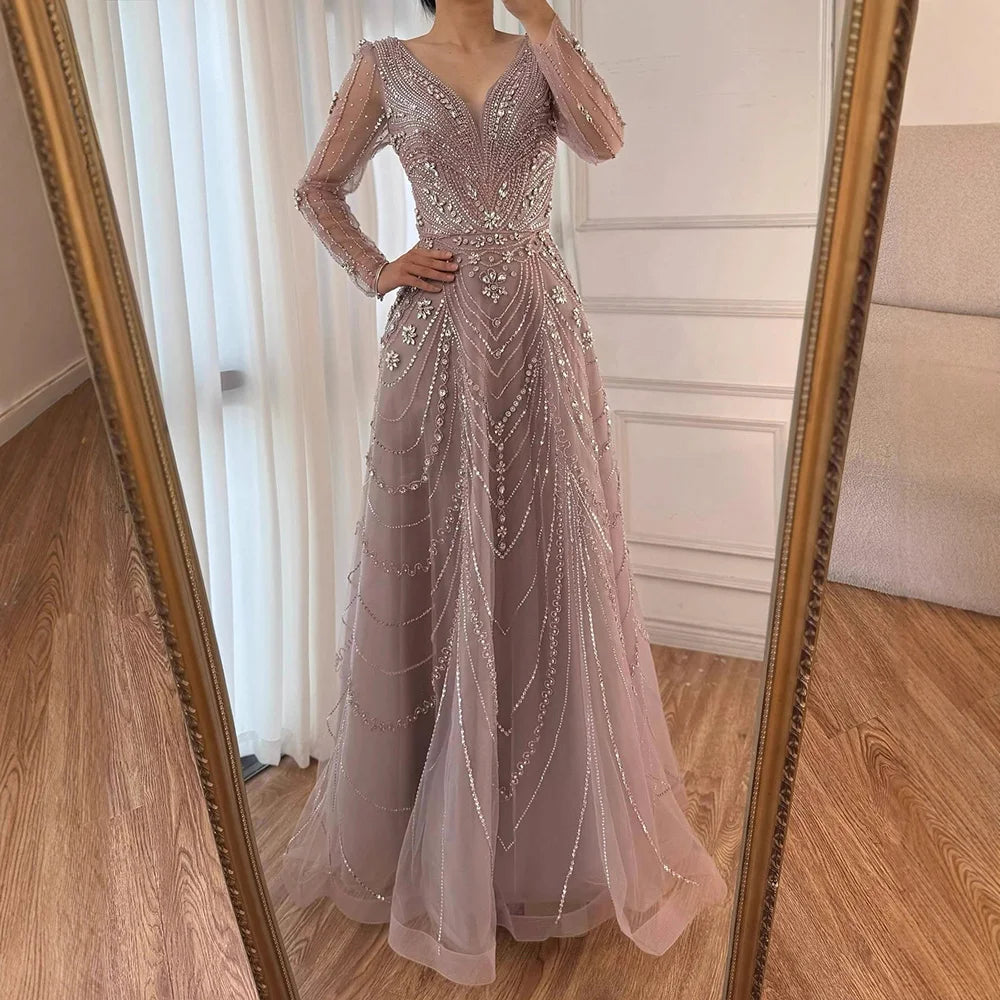 Luxury Pink Beaded A-Line Evening Dress 2025 with V Neck & Long Sleeves LA73114