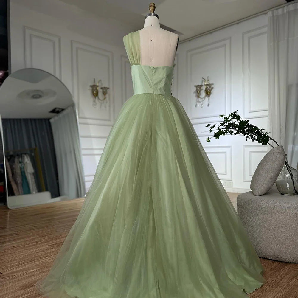 Luxury Dubai Sage Green Elegant One-Shoulder A-Line Appliques Long Arabic Evening Gown for Formal Occasion LA72783
