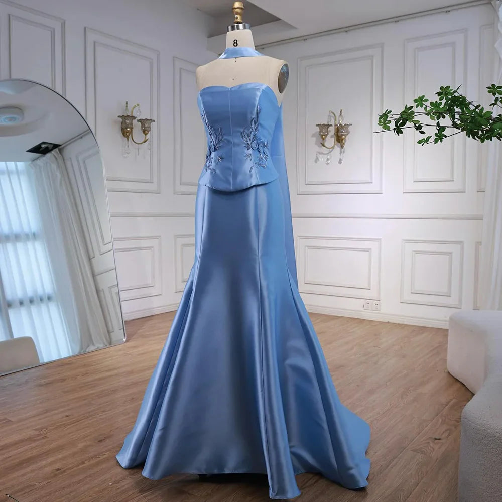 Luxury Blue Satin Mermaid Evening Dress with Long Scarf LA72831