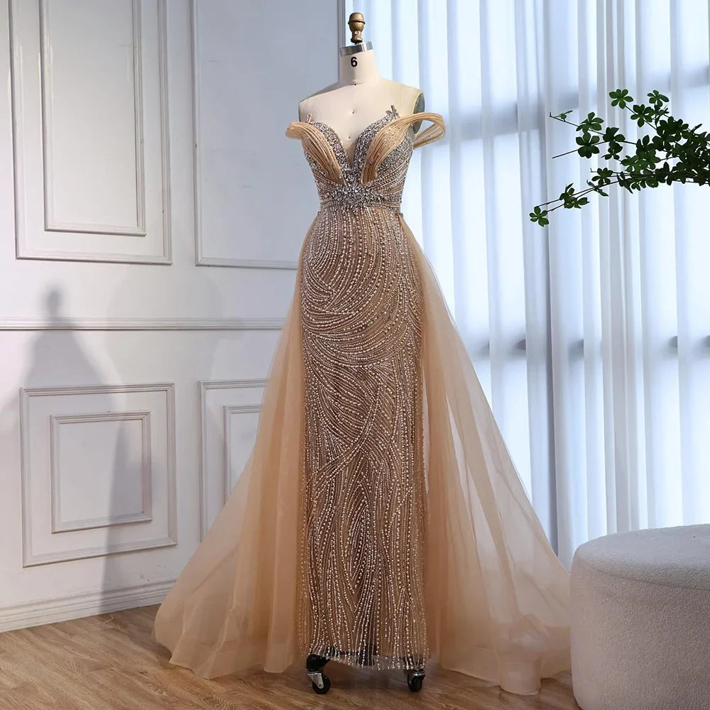 Luxury Nude Mermaid Off Shoulder Beaded Evening Dress with Overskirt LA73131
