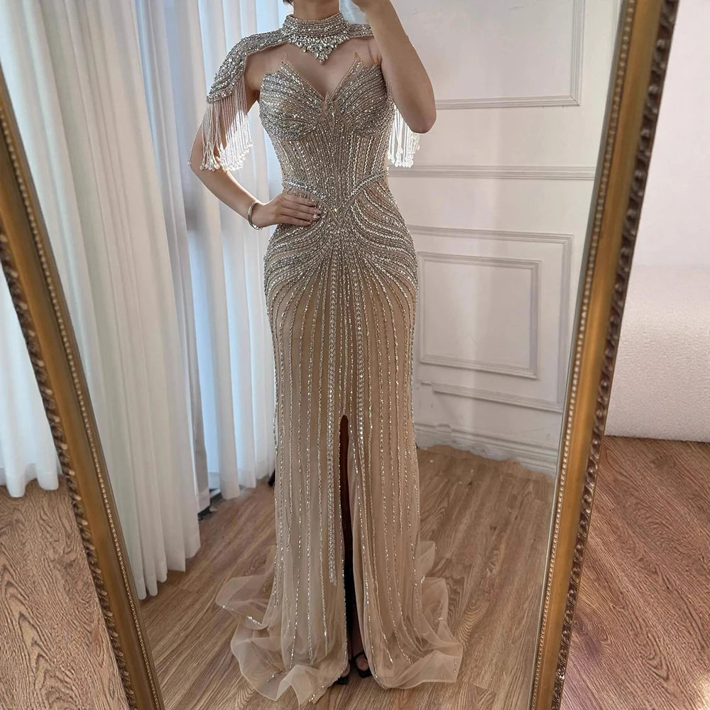 Nude Mermaid Evening Dress with Detachable High Neck Tassel LA72891A