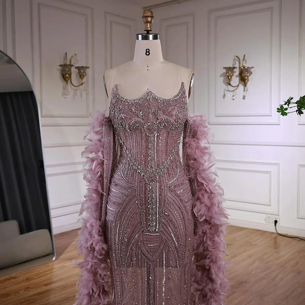 Luxury Caramel Beaded Evening Dress with Feather Sleeves LA73055