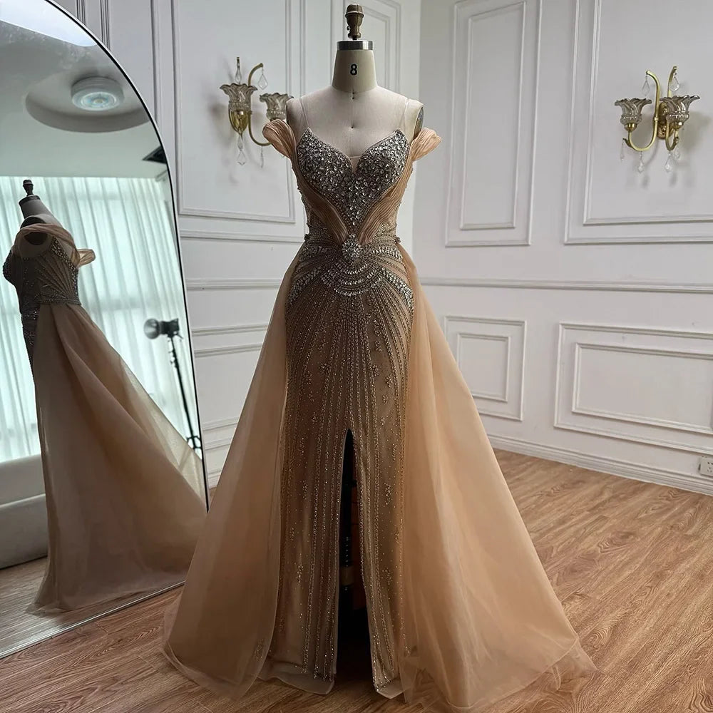 Luxury Nude Beaded Mermaid Evening Dress with Overskirt and Slit LA73034