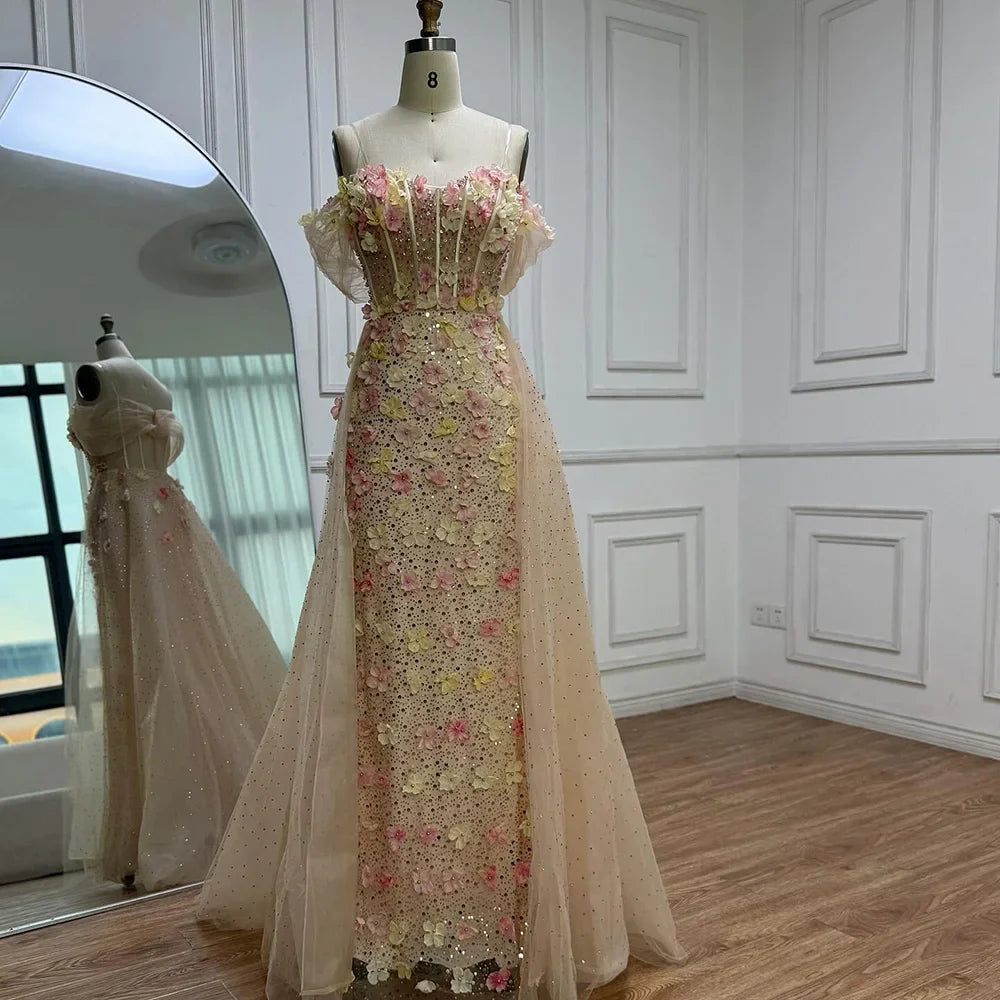 Luxury Dubai Nude Floral Beaded Off Shoulder Corset Evening Gown With Overskirt for Formal Occasion LA72861