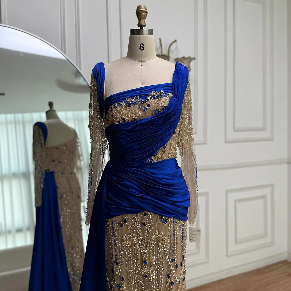 Luxury Royal Blue Velvet Beaded Mermaid Evening Dress LA72988