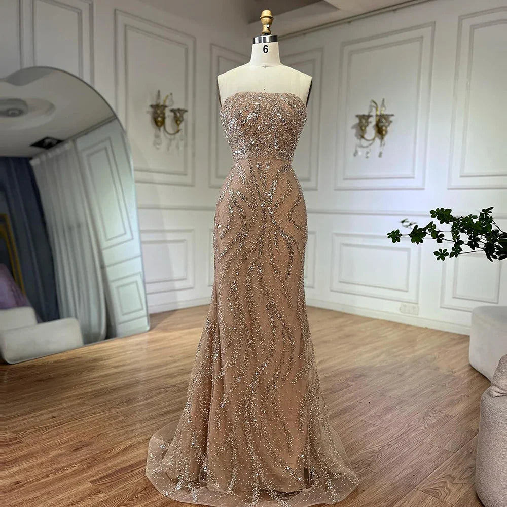 Luxury Nude Beaded Evening Dress with Cape Sleeves LA72824
