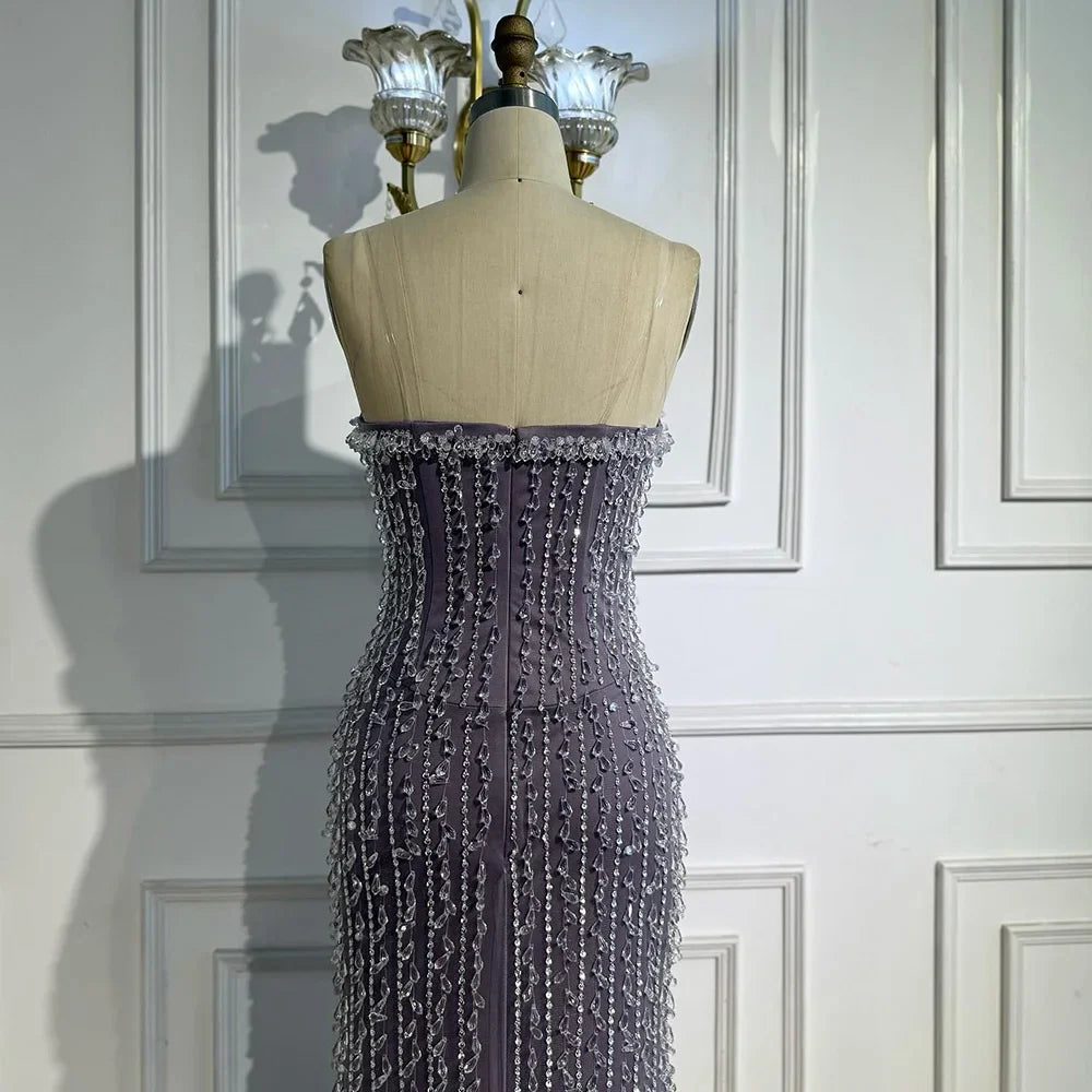 Elegant Crystal Beaded Strapless Lilac Mermaid Evening Gown LA72950
