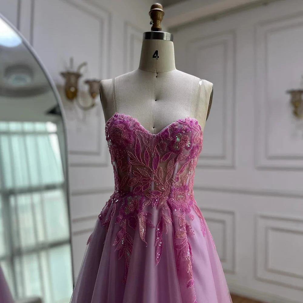 Luxury A-line Sweep Train Tulle Prom Dress with Appliqued LA72972