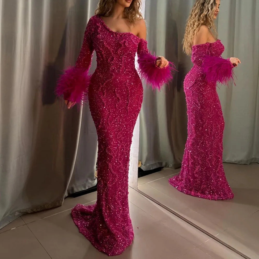Serene Hill Blue Mermaid Elegant One-Shoulder Beaded Feathers Luxury Evening Dress Gown for Women's Wedding Party 2025 LA72395