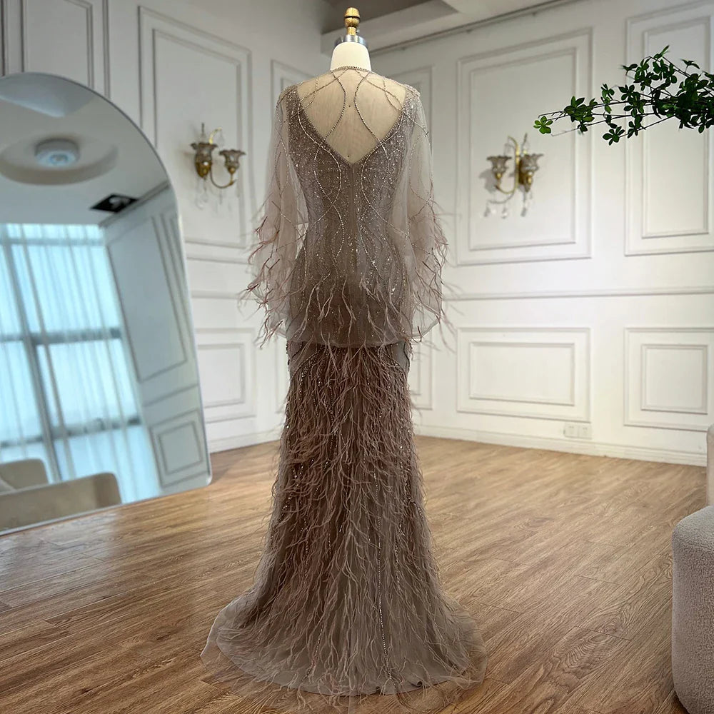 Luxury Caramel Feather Beaded Mermaid Evening Dress LA71866