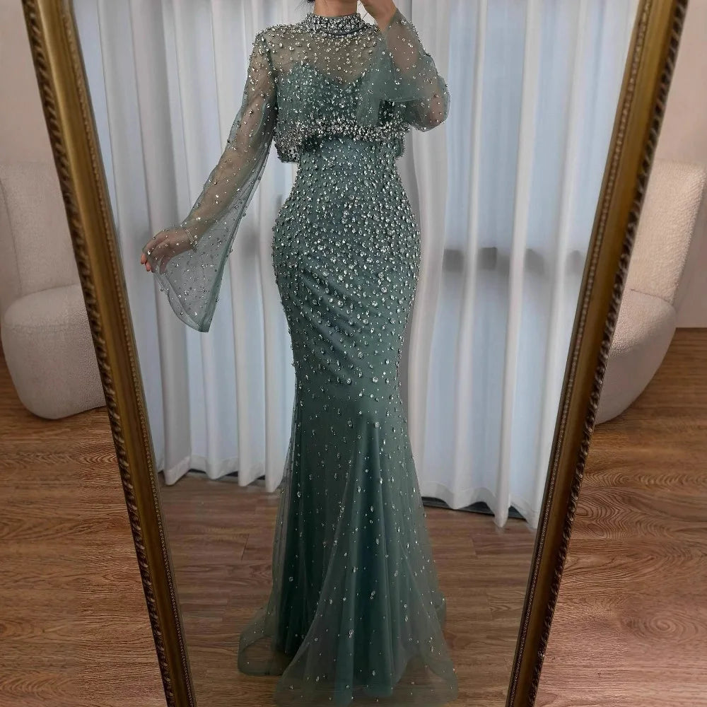 Luxury Turquoise Two Pieces Beaded Mermaid Evening Dress with Detachable Top LA73095