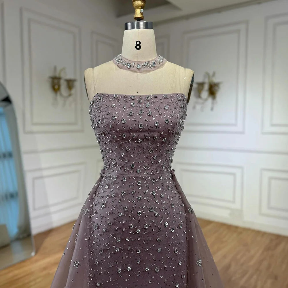 Luxury Arabic Pink Beaded Mermaid Evening Dress with Overskirt LA73084