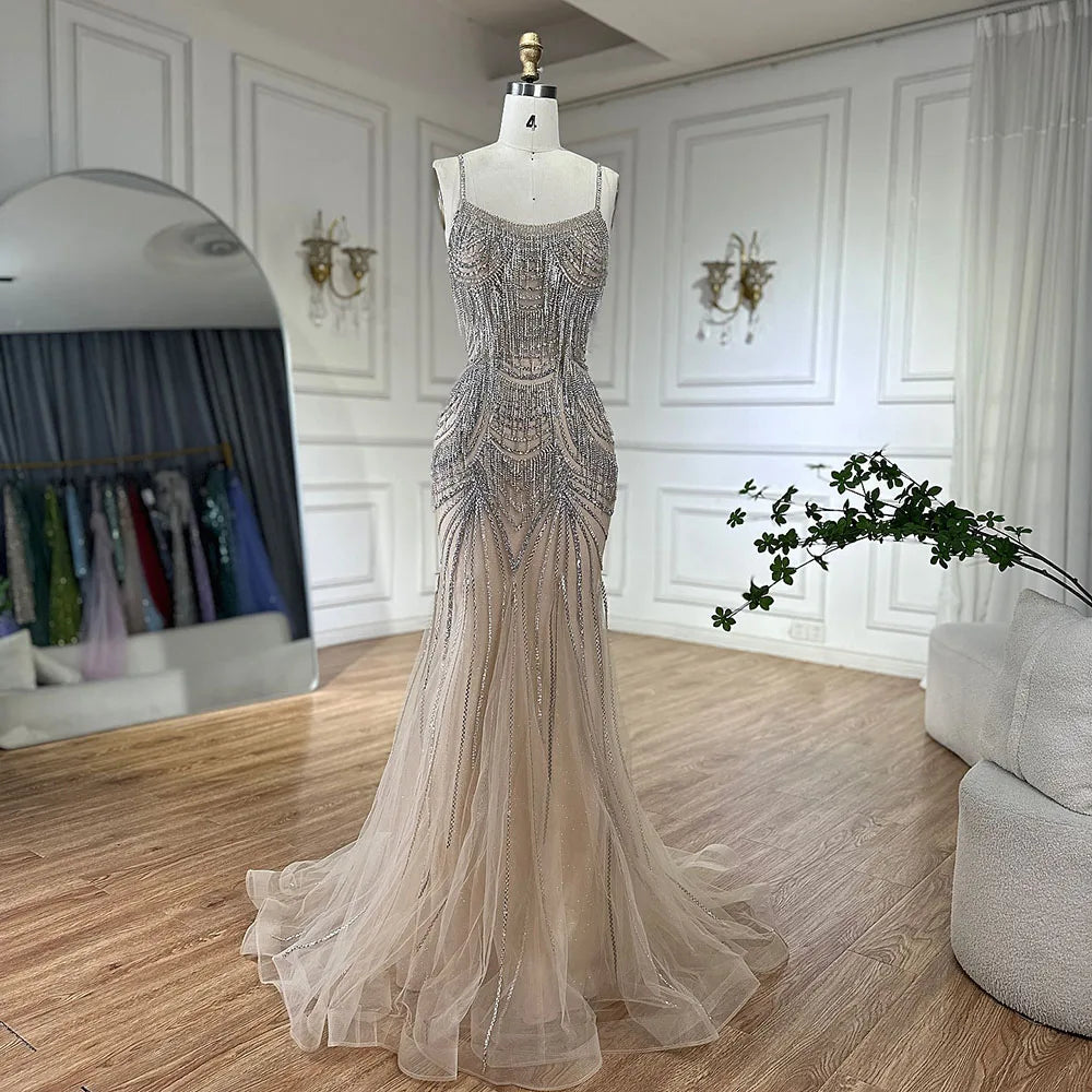 Luxury Dubai Silver Nude Spaghetti Strap Mermaid Evening Dress Gown with Luxury Beaded Tassels for Formal Occasion LA72772