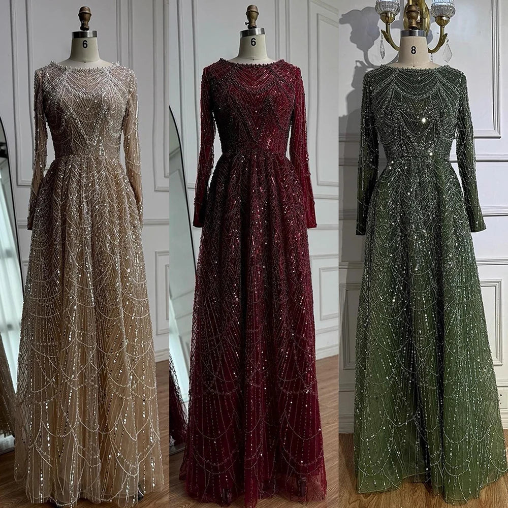 Luxury Olive Green Beaded A-Line Modest Evening Dress LA72738B