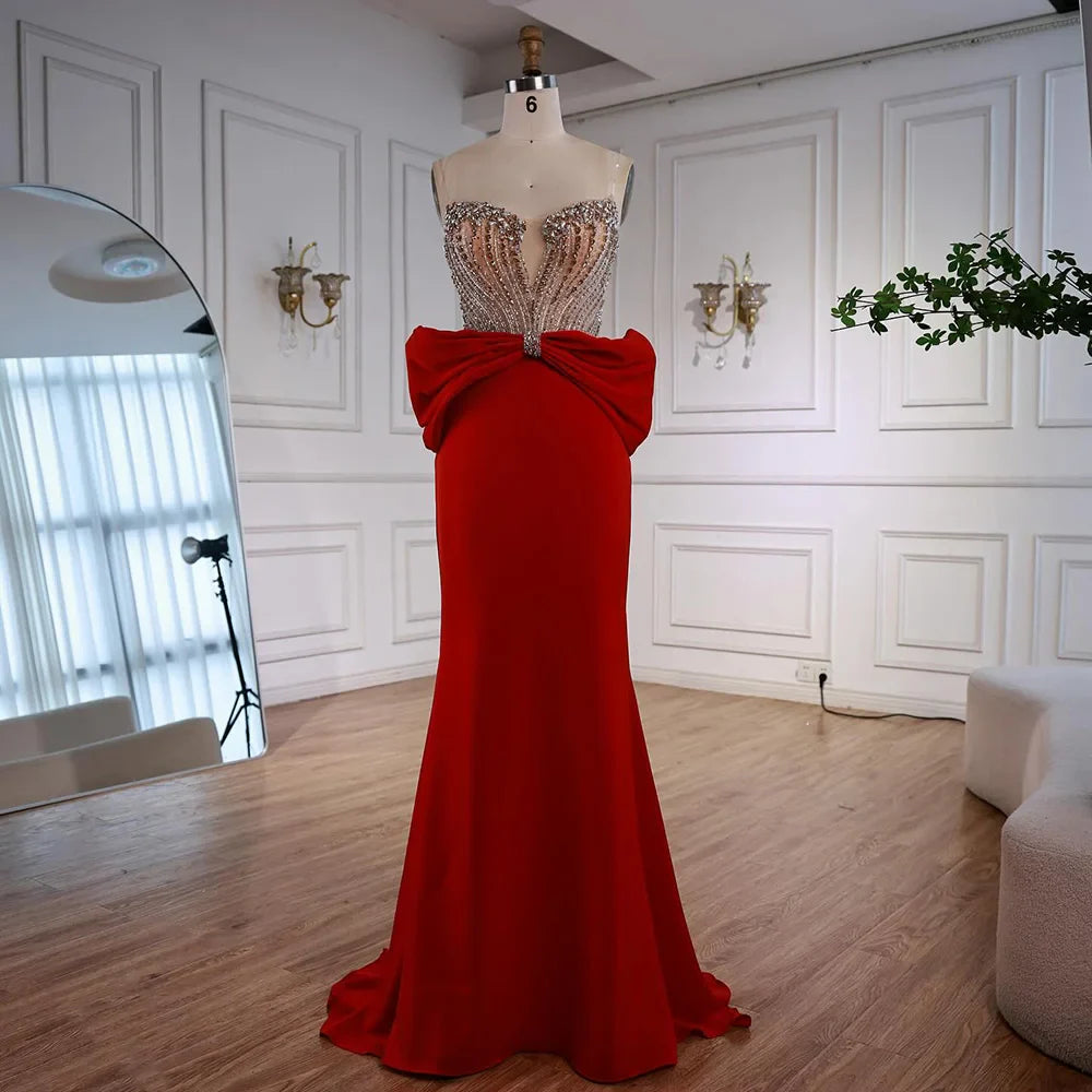 Designer Red Satin Evening Dress with Bow LA73060