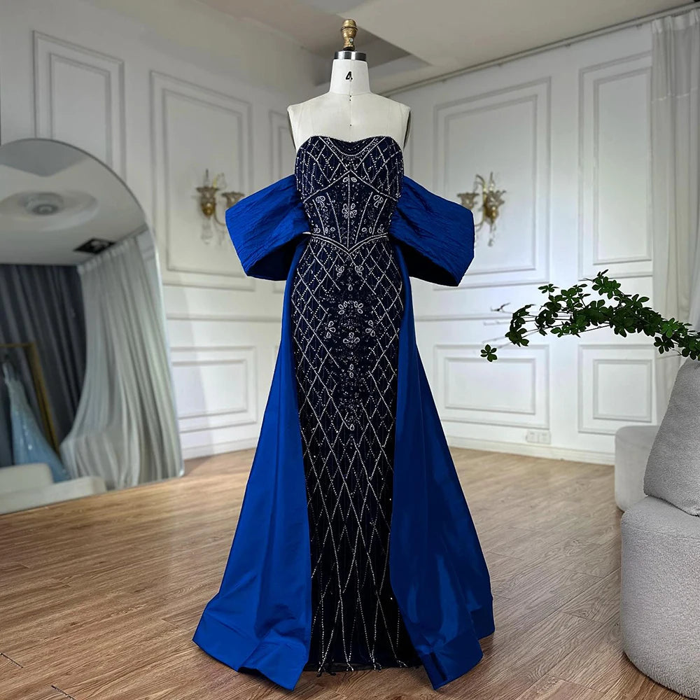 Luxury Dubai Nude Beaded Mermaid Evening Gown Off Shoulder Shawl Crystal Detailing for Formal Occasion LA72819