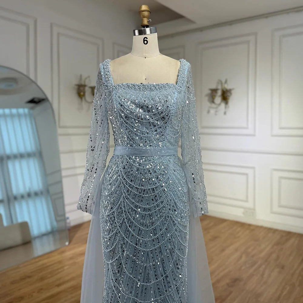Blue Square Evening Dress With Long Sleeve Plus Size LA72032N