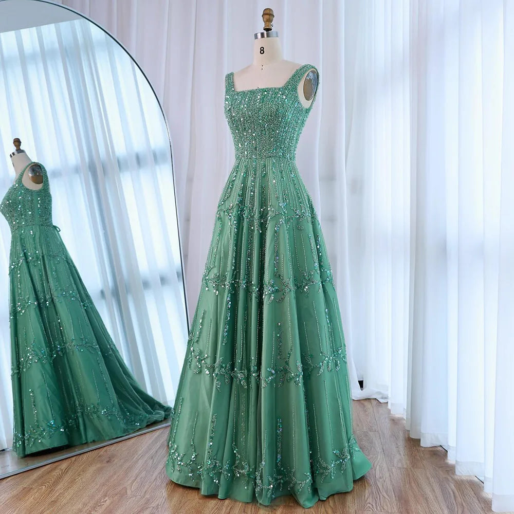 Elegant Sage Green Beaded A-Line Evening Dress LA73064