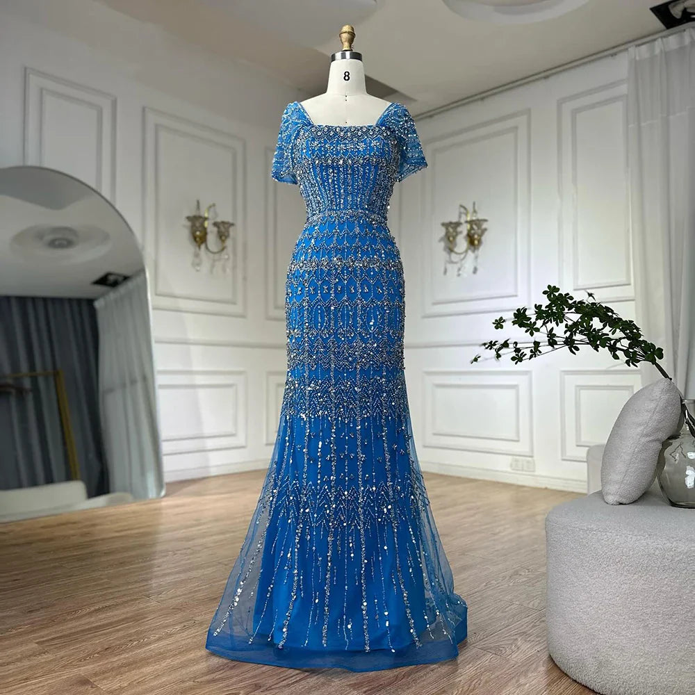 Luxury White Mermaid Beaded Evening Dress with Short Sleeves LA72714