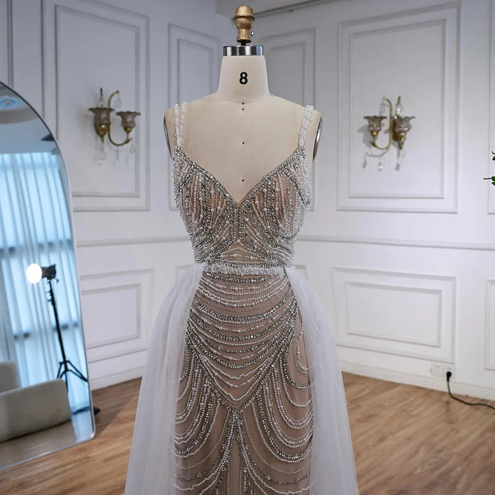 Nude Beaded Arabic Evening Gown with Spaghetti Straps LA72253A