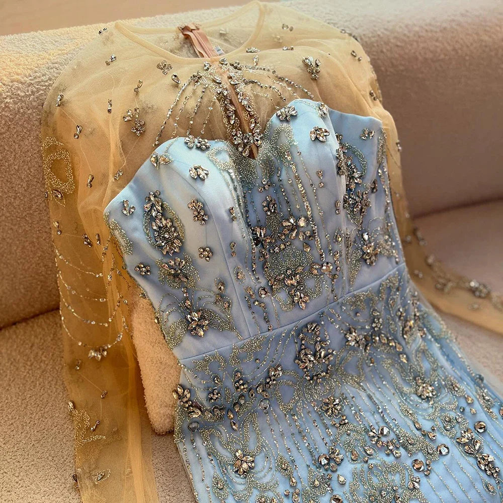 Luxury Dubai Blue Crystal Beaded Evening Dress with Overskirt LA72757