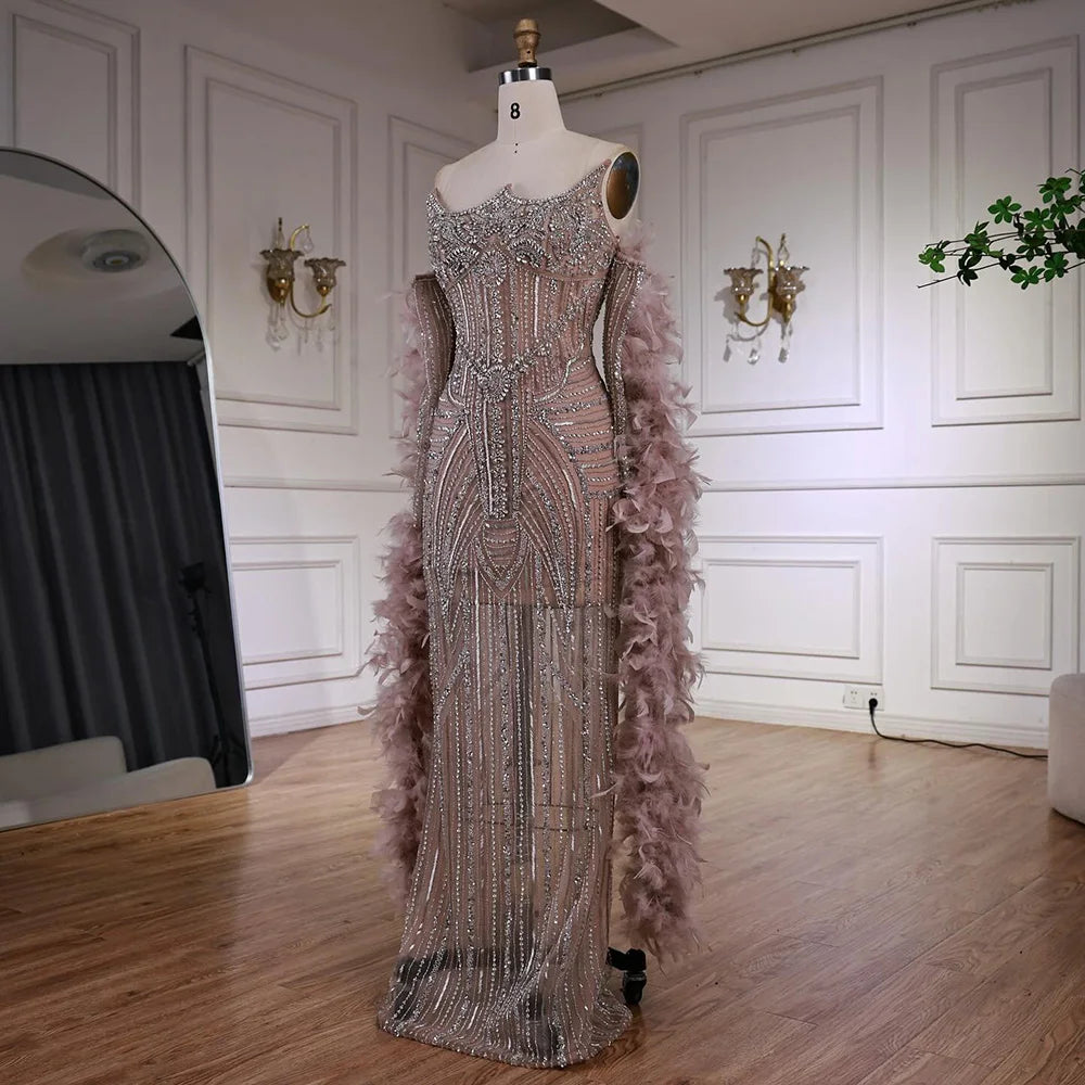 Luxury Caramel Beaded Evening Dress with Feather Sleeves LA73055
