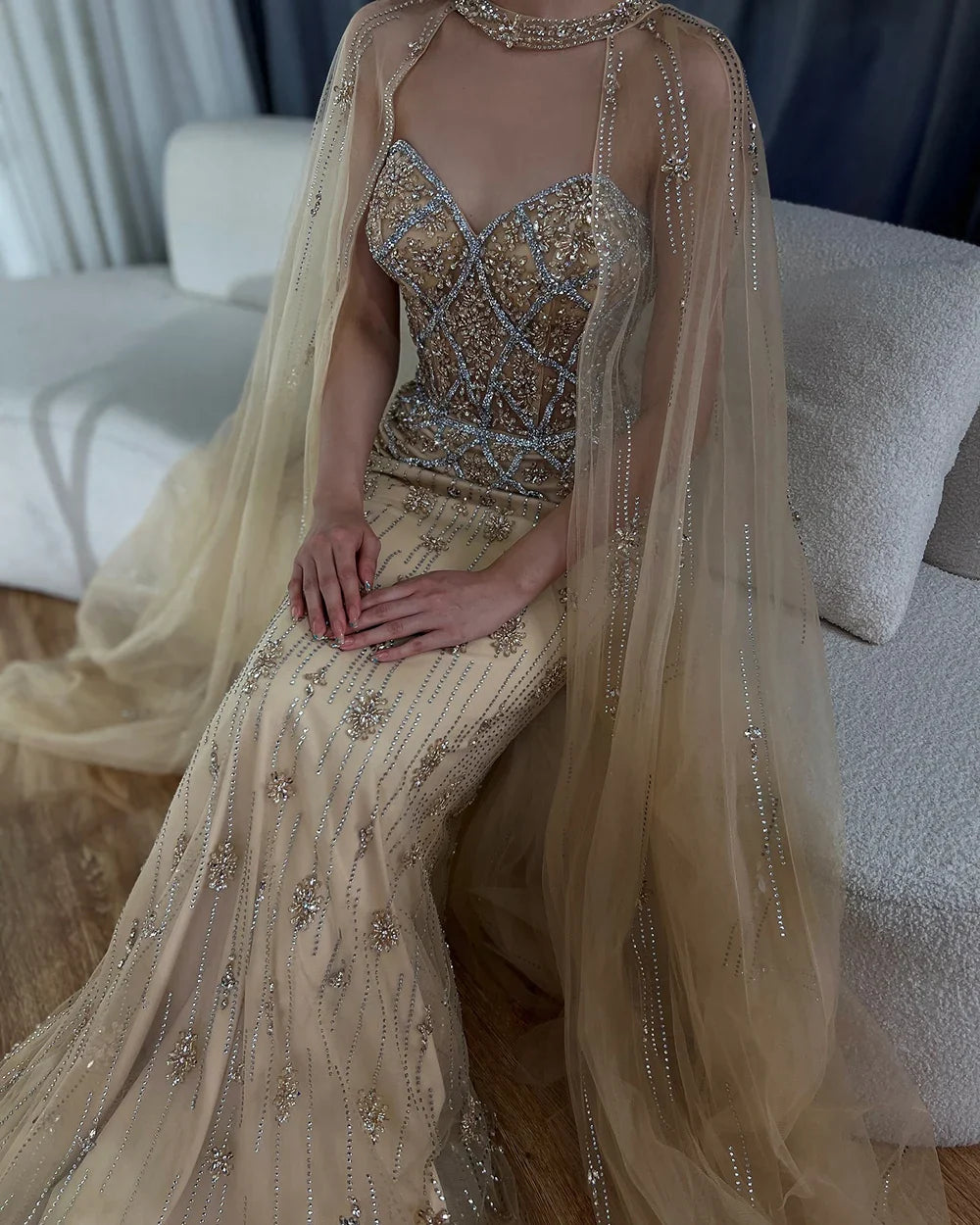 Luxury Dubai Nude Saudi Evening Gown Mermaid Detachable Cape Sleeves Luxury Beaded Dress for Formal Occasion LA72716