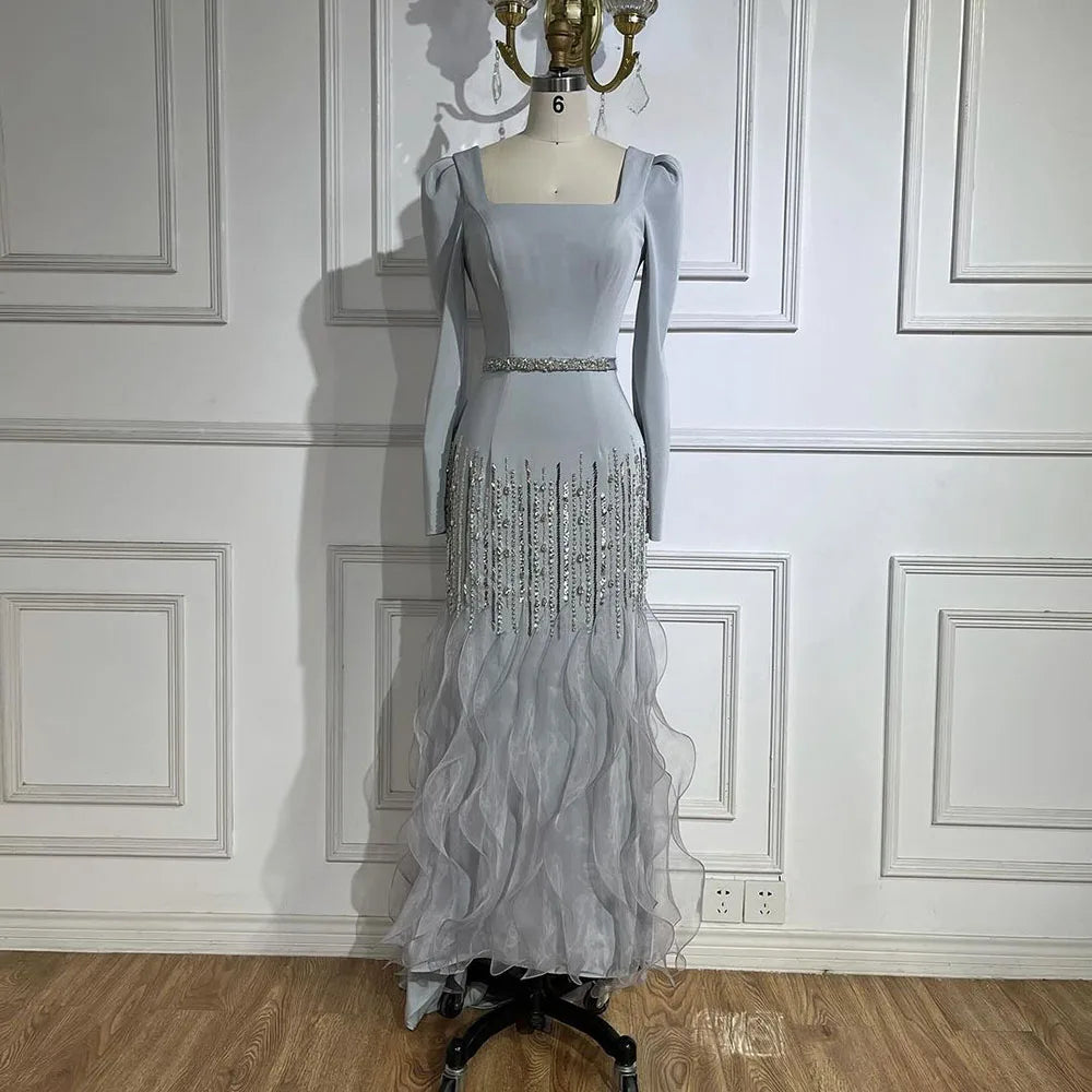 Serene Hill Arabic Gray Mermaid Elegant Ankle Length Beaded Satin Luxury Evening Dresses Gowns For Women Party 2025 LA72317